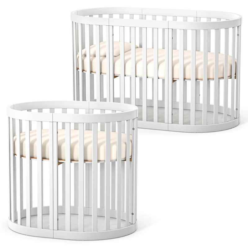 Oválná rostoucí dětská postýlka Mikko Gekko Kids 140x70. Maximální komplet s matrací. Bílá.